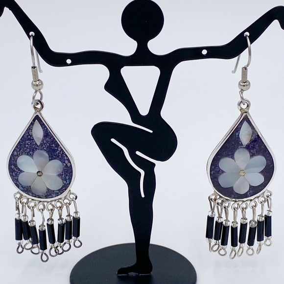 Vintage Alpaca Mexico Mother Of Pearl Long Dangle Earrings - Picture 10 of 10